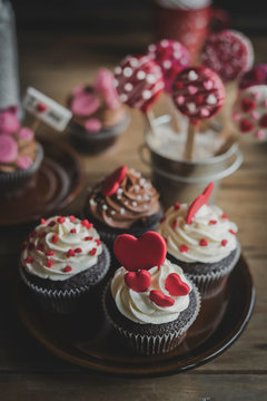 Sweet cupcakes with hearts on the top,selective focus and love concept