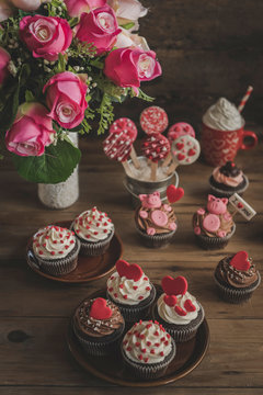 Group of sweet cupcakes with love concept served on the table,selective focus