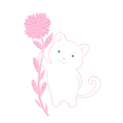 Cute fluffy white kitten with blue eyes holds a big pink flower.