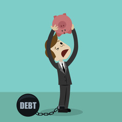 Businessman or manager is shaking out empty piggy bank because he has debt. Loosing investment and