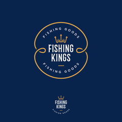 Fishing Kings logo. Fishing or fishing equipment store logo. Fisher Club emblem. Fishing sport club. Hooks as a crown and letters. 