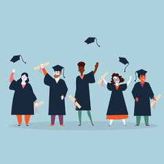 University students graduation. Young people in mantles are celebrating ending of education in university and throw graduation caps in the air. Man and women with diplomas. Flat vector illustration
