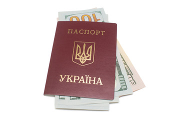 Ukrainian passport and dollars isolated on white background