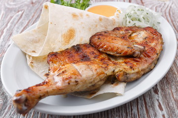 Half roast chicken with sauce