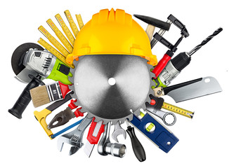 buzz saw blade with building-site helmet and diy hand tools concept isolated on white isolated...