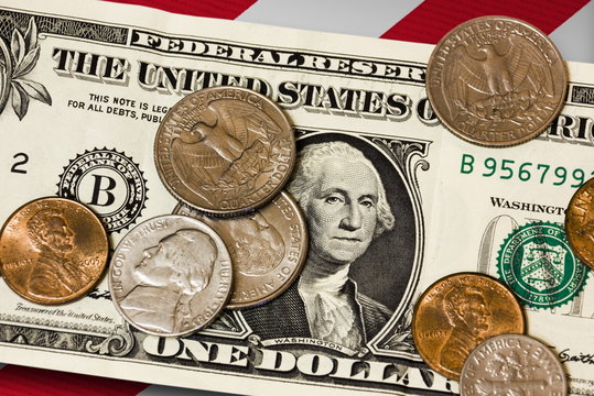 American coints and banknotes on the flag. Abstract illustration.