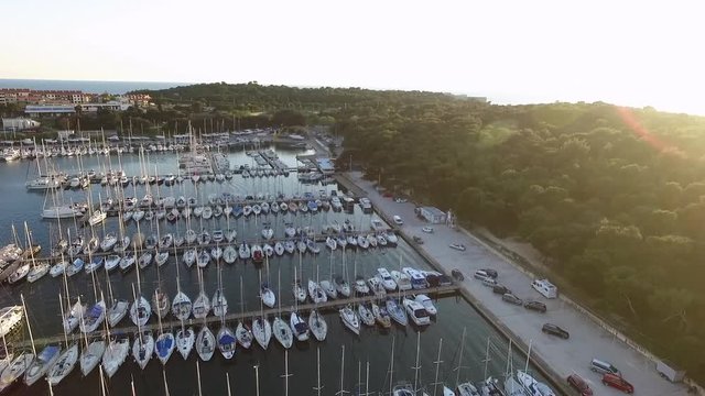 Drone Footage Of Boats Moored, Yachts and Ships in Marine. Sailboats docket in Port at Pula Croatia. 