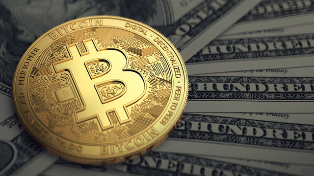 Golden Bitcoin on a dollar bills in blurry closeup. Paying taxes on bitcoin investments. 3D rendering