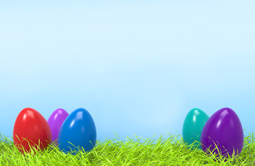 Easter colorful eggs on green grass and blue background with space for text. 3D illustration