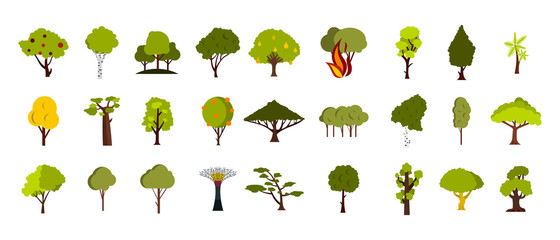 Obraz premium Zestaw ikon drzewa, płaski