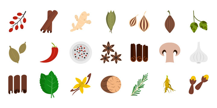 Spices icon set, flat style