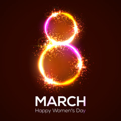 Happy womens day. 8 march in neon circles with glow and firework. Bright 3d banner on dark red backdrop. Greeting card for International womens day design. Neon vector illustration with flash light.