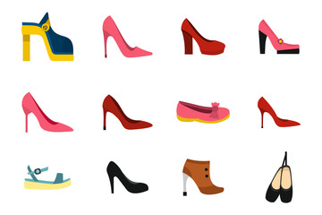 Woman shoes icon set, flat style