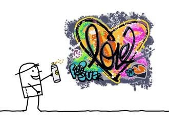 Crédence de cuisine en verre imprimé Graffiti Cartoon Man Designing a Graffiti Heart