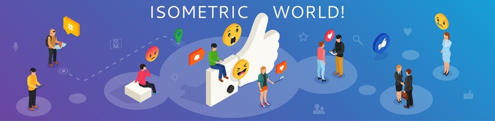 I like it concept illustration of young people using mobile gadgets such as laptop, tablet pc and smartphone for social networking and blogging. Flat design of guys and women near big symbol