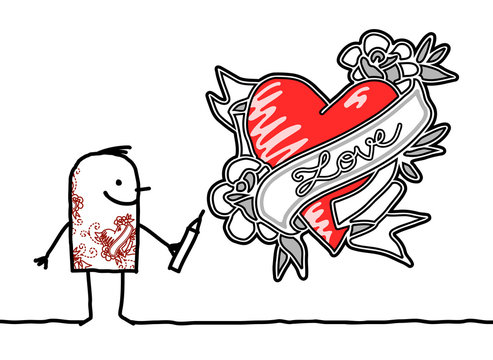 Cartoon Man Drawing a Tattoo Style Heart