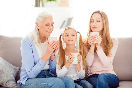 Leisure break pause chill lifestyle concept. Three comfort cute lovely close kind peaceful serene calm school girl beautiful mommy charming granny holding mugs with hot beverage sitting on couch