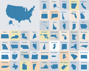 Outline map of the United States of America. States of the USA. Vector. - obrazy, fototapety, plakaty