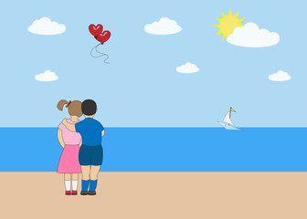 A postcard for a boy and a valentine girl looking the sea on two departing balloons in the shape of a heart and a yacht on the horizon. Vector illustration.