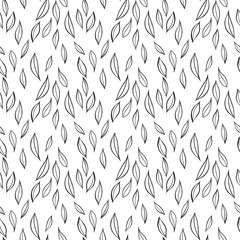 Hand drawn simple leaves, botanical pattern. Seamless vector linear floral pattern. Vector monochrome background.