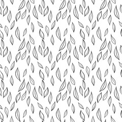 Hand drawn simple leaves, botanical pattern. Seamless vector linear floral pattern. Vector monochrome background.