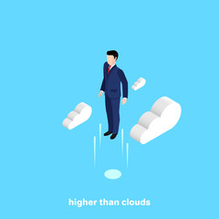 man in business suit soared above the clouds, isometric image