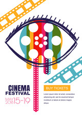 Vector cinema festival poster, banner background. Human eye with colorful liquid film reel in pupil. Sale cinema theatre tickets, movie time, media, watching video tv and entertainment concept. - 189104507