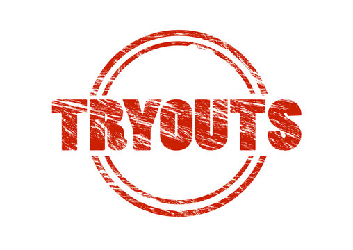 tryouts vintage red rubber stamp isolated on white background