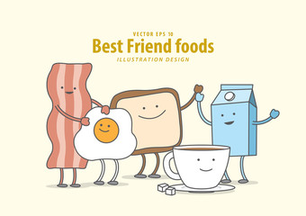 Cartoon character of Bacon, Fried egg, Toast, Coffee, Milk (Breakfast) illustration vector on pale yellow background. Best friend foods concept.