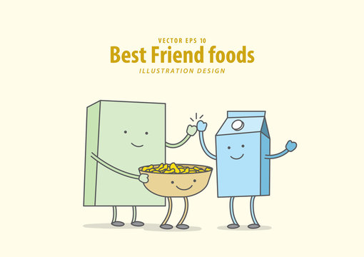 Cartoon character of Cereal or Muesli,  Bowl, Milk (Breakfast) illustration vector on pale yellow background. Best friend foods concept.