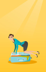 Young caucasian white woman sitting on a suitcase and trying to close it. Frustrated woman having problems with packing a lot of clothes into a suitcase. Vector cartoon illustration. Vertical layout.