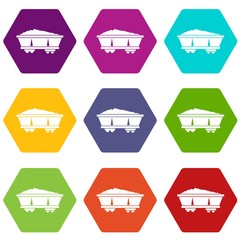 Coal trolley icon set color hexahedron