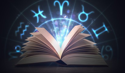 Open shining astrology book with zodiac signs above. 3D rendered illustration.