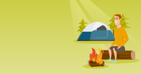 Obraz na płótnie Canvas Young caucasian white man sitting on log near campfire on the background of camping site with tent. Travelling man resting near campfire in the campsite. Vector cartoon illustration. Horizontal layout