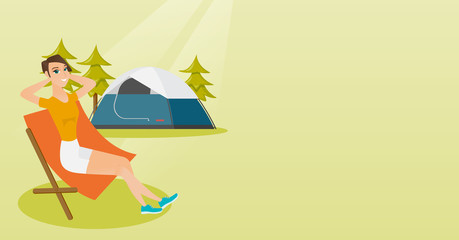 Obraz na płótnie Canvas Young caucasian white woman sitting in a chair on the background of camping with tent. Satisfied woman relaxing and enjoying her vacation in the camping. Vector cartoon illustration. Horizontal layout