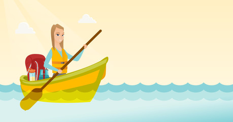 Young caucasian white traveler woman riding a kayak on the river. Cheerful traveler woman traveling by kayak. Concept of travel and tourism. Vector cartoon illustration. Horizontal layout.