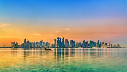 Skyline of Doha at sunset. The capital of Qatar