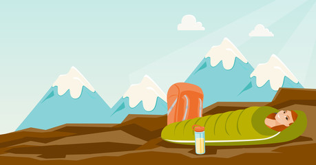 Young caucasian white woman sleeping in a sleeping bag during a hike in the mountains. Woman laying on the ground wrapped up in a mummy sleeping bag. Vector cartoon illustration. Horizontal layout.