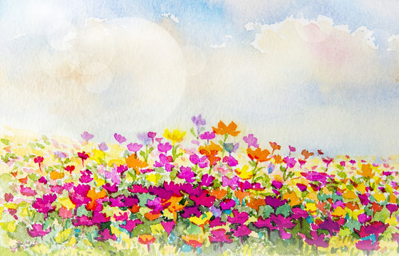 Painting watercolor flowers  of  daisy flowers.