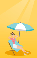 Young caucasian white woman sitting on the chaise-longue under beach umbrella. Happy woman resting on the chaise-longue with folded arms behind her head. Vector cartoon illustration. Vertical layout.