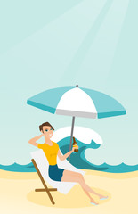 Young caucasian white woman sitting on a chaise-longue on the beach. Happy smiling woman relaxing on a chaise-longue and drinking beer. Vector cartoon illustration. Vertical layout.