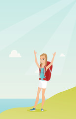 Young caucasian white tourist with a backpack standing on the cliff with raised hands and enjoying the scenery. Happy tourist hiking in the mountains. Vector cartoon illustration. Vertical layout.