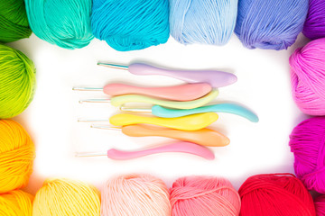 Colored balls of yarn. View from above. Rainbow colors. All colors. Yarn for knitting. Skeins of...