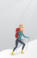Caucasian white mountaineer climbing a snowy ridge with help of hiking poles. Young mountaineer with a backpack and trekking poles walking up along ridge. Vector cartoon illustration. Vertical layout.
