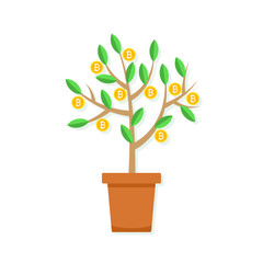 Fototapeta premium Pot with bitcoin money tree Isolated on white background. Vector flat illustration of financial income business concept.