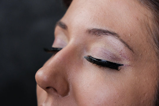 Makeup artist applies eye shadow. Beautiful woman face. Perfect makeup in pinup or pin up style