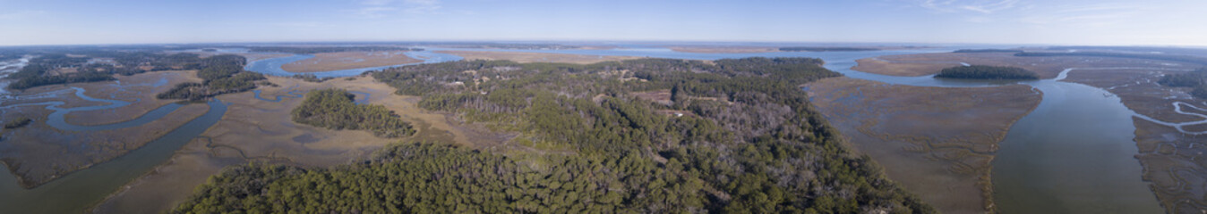 Fototapeta na wymiar Aerial view of coastal forest and oxbows in river in South Carolina