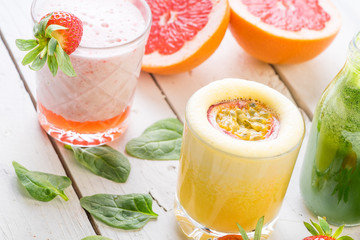 fresh juice fruit selection tasty healthy new year diet slim fancy smoothie luxury organic mint white table