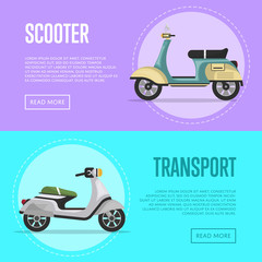 New scooter flyers with classic city mopeds. Personal mobility and transportation, urban compact motorcycle. Motorbike shop advertising campaign, discound proposition vector illustration.