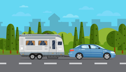 Road travel poster with car and camping trailer on countryside background. RV trailer caravan, compact motorhome, mobile home for country traveling and outdoor family vacation vector illustration.